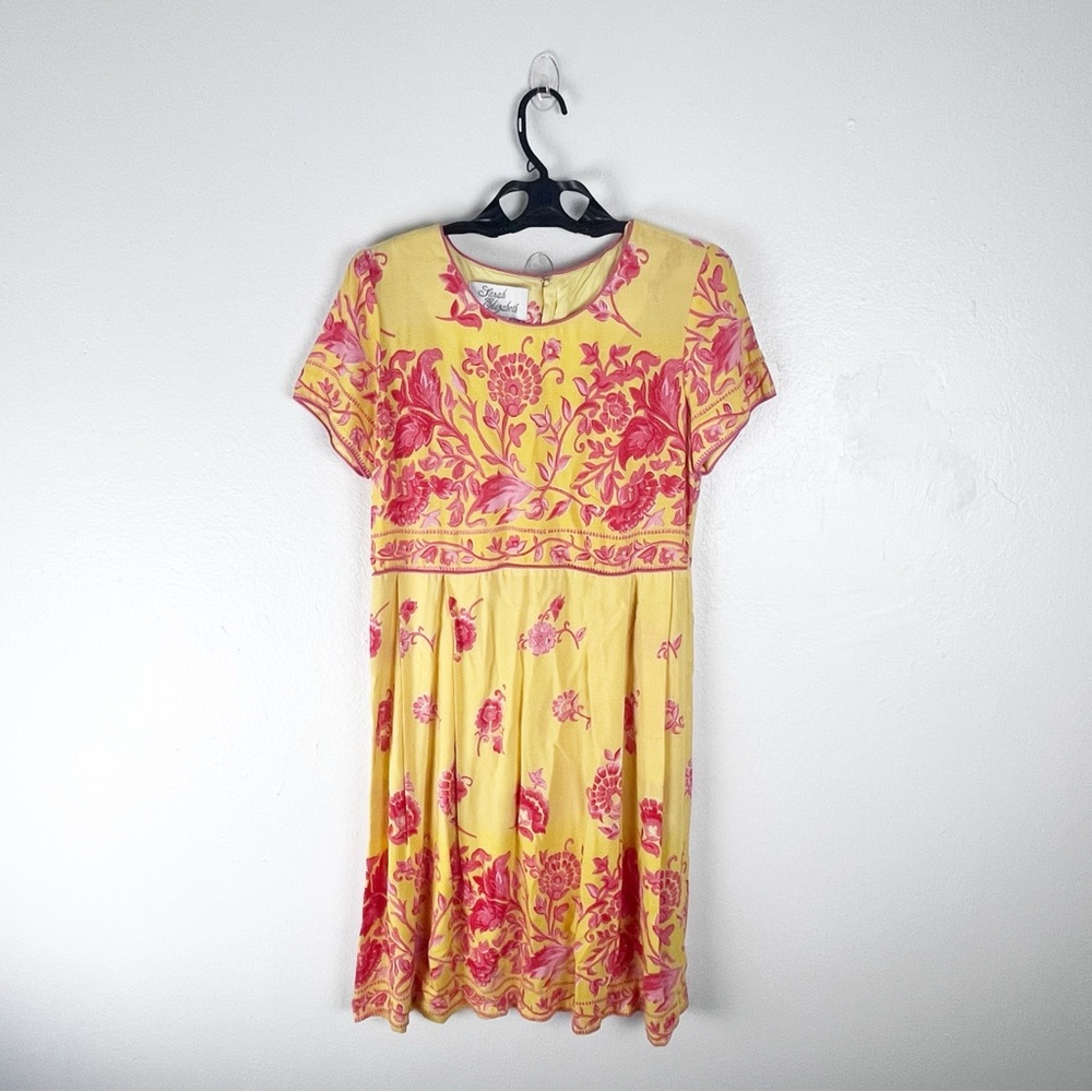 SARAH ELIZABETH Yellow Floral Short Sleeves Hidden Back Zipper Pleated Dress 6